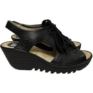 Fly London Black Leather Lace Up Peep Toe Yifa Wedge Sandals 40 Women’s 9 9.5